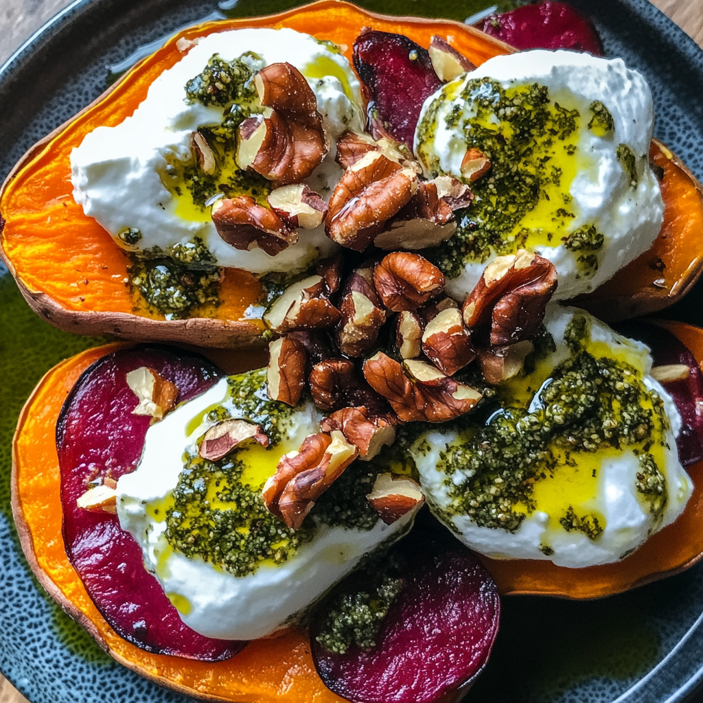 Stuffed Sweet Potatoes with Burrata, Toasted Walnuts & Sage Pesto